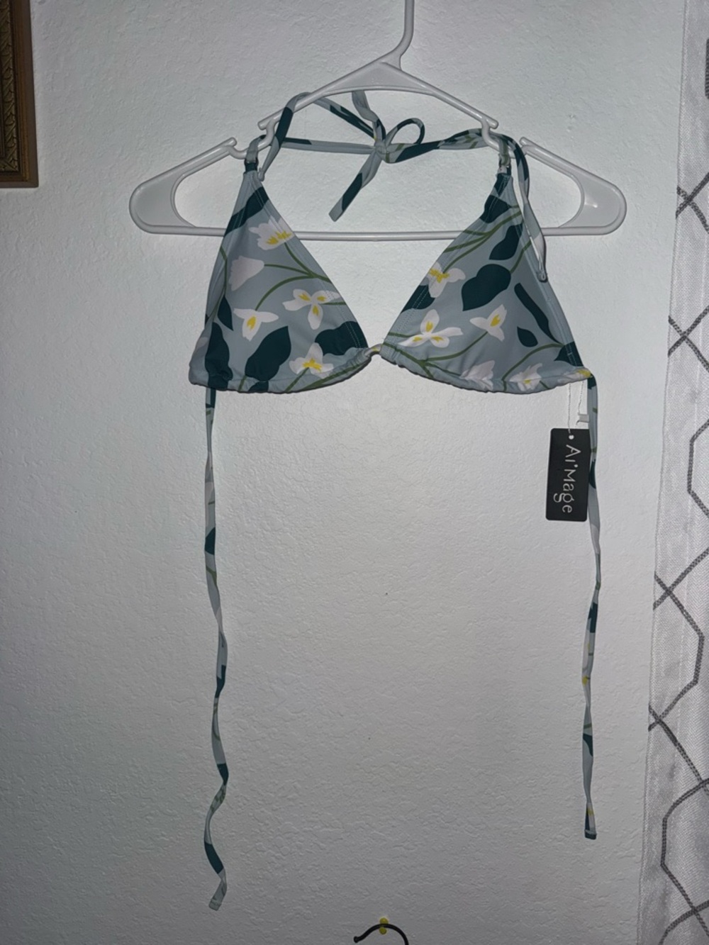 Ai-Mage Floral Triangle Bikini Top - Sage Green & White